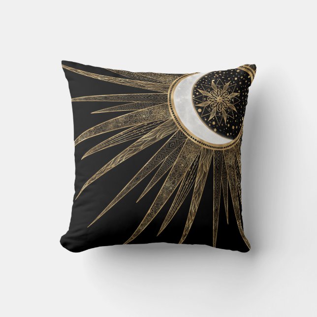Mystic Black Gold Sun Moon Mandala Throw Pillow (Front)