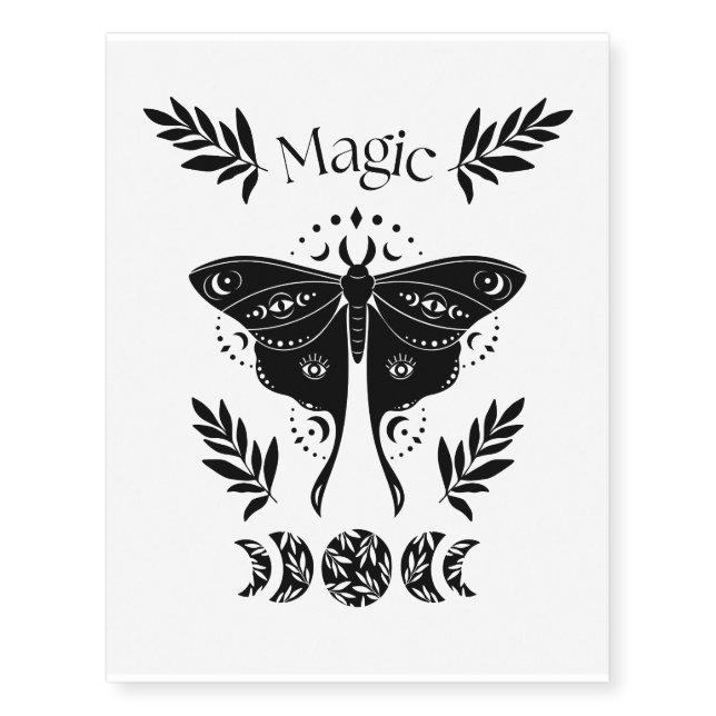 Mystic black moth. moon and magic temporary tattoos (Front)