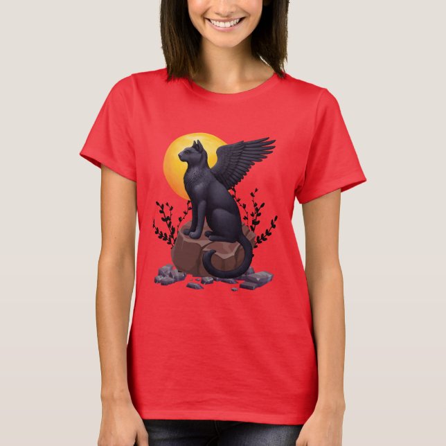 Mystic Black Winged Cat Under the Moon | Fantasy A T-Shirt (Front)