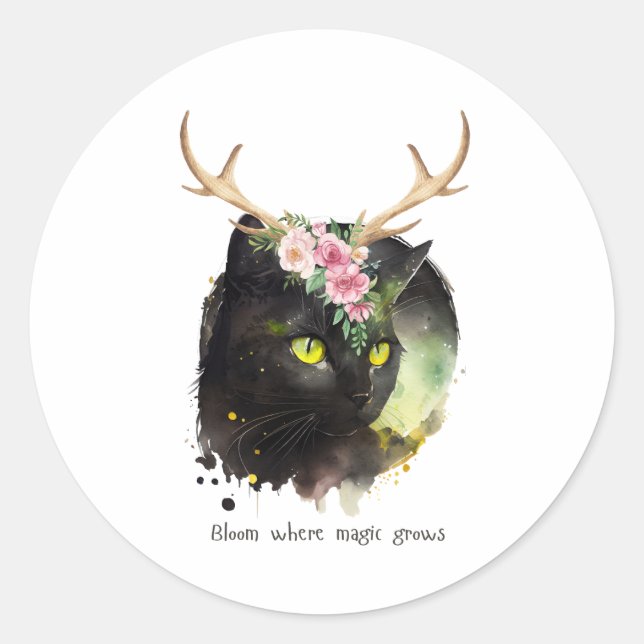 Mystic Bloom Cat Classic Round Sticker (Front)