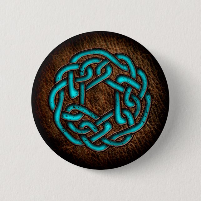 Mystic blue celtic ornament on leather pinback button (Front)
