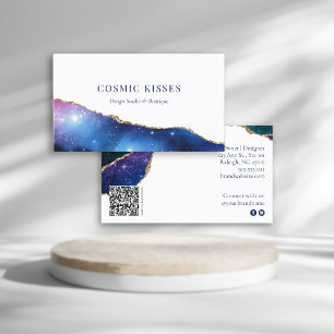 Mystic Blue Crystal Geode Gold Business Name QR Business Card