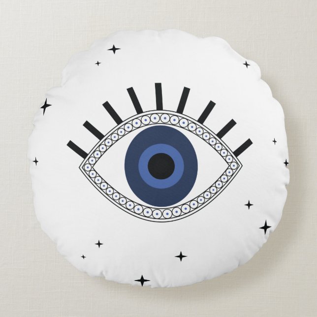 Mystic blue eye and stars, evil eye protection round pillow (Front)
