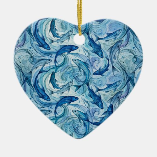 Mystic Blue Fish Flowing Harmony Ceramic Ornament