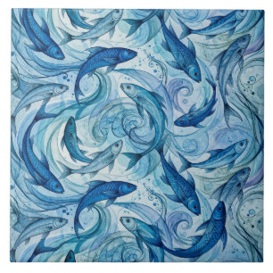 Mystic Blue Fish Flowing Harmony Ceramic Tile