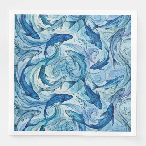 Mystic Blue Fish Flowing Harmony Paper Dinner Napkins