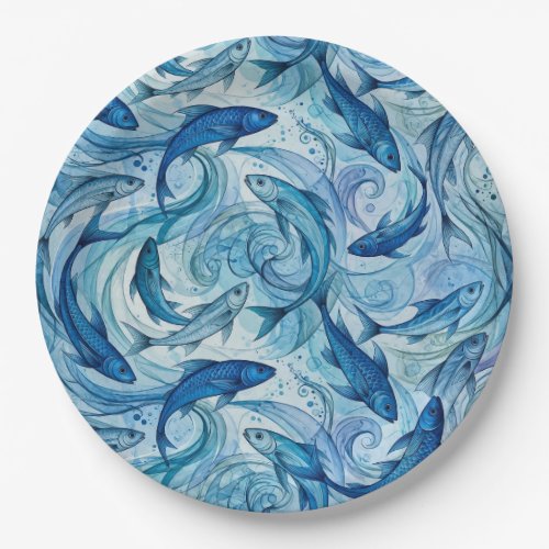 Mystic Blue Fish Flowing Harmony Paper Plates