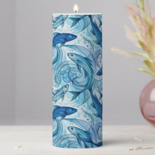 Mystic Blue Fish Flowing Harmony Pillar Candle