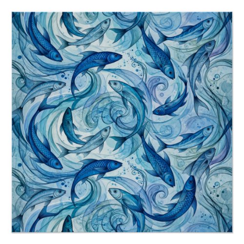 Mystic Blue Fish Flowing Harmony Poster