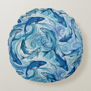 Mystic Blue Fish Flowing Harmony Round Pillow