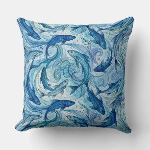 Mystic Blue Fish Flowing Harmony Throw Pillow