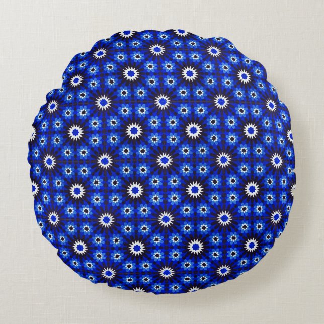 Mystic Blue Zellige Geometry Round Pillow (Front)