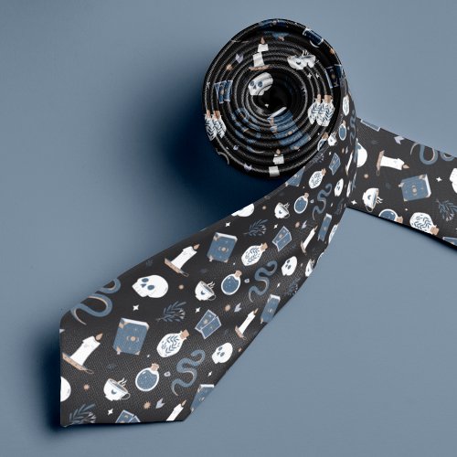 Mystic Boho Crystal Skull Halloween Pattern Neck Tie