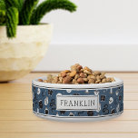Mystic Boho Crystal Skull & Snake Pattern Pet<br><div class="desc">Get your pets ready for Halloween with this spooky personalized bowl featuring a pattern of snakes,  mystical crystals,  potions,  spellbooks,  candles,  jars,  skulls,  tarot cards,  and potions on a dusty blue background. Personalize with your pet's name.</div>