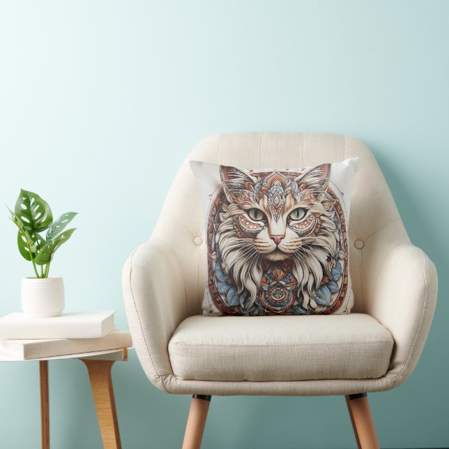 Mystic Boho Feline Mandala Throw Pillow (Chair)
