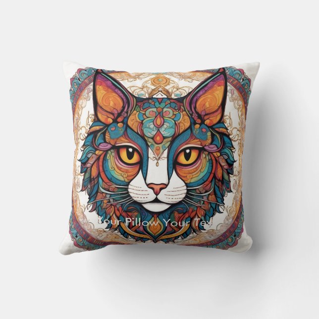Mystic Boho Feline Mandala Throw Pillow (Back)