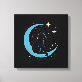 Mystic Cat on Blue Moon Night Sky Canvas Print