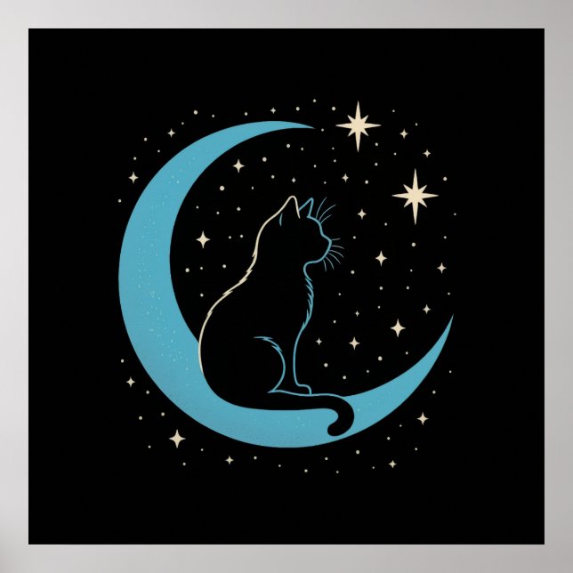 Mystic Cat on Blue Moon Night Sky Poster (Front)