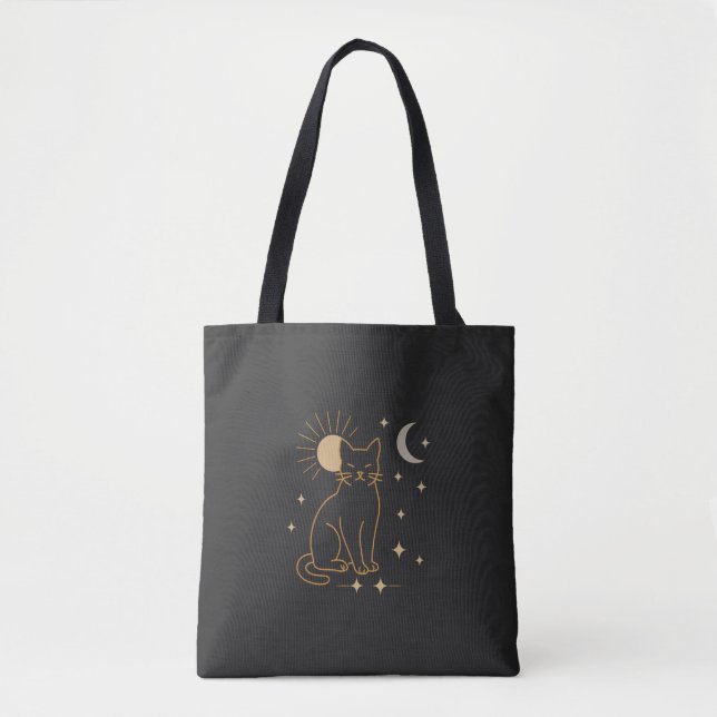 Mystic Cat Tote Bag- Minimalist Celestial Line Ar Bag (Front)