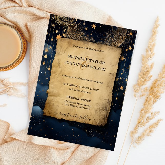 Mystic Celestial Midnight Blue Gold Stars Moon Invitation (Creator Uploaded)