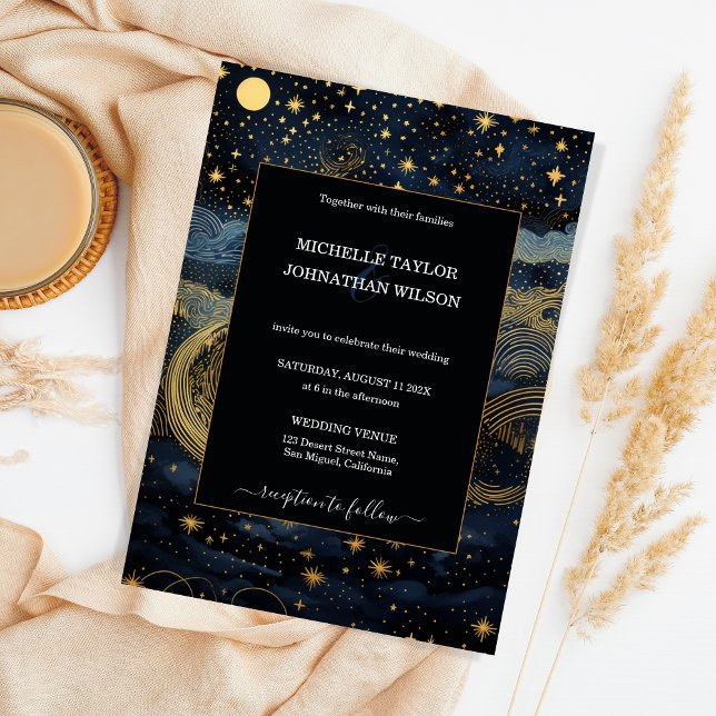 Mystic Celestial Midnight Blue Gold Stars Moon Invitation (Creator Uploaded)