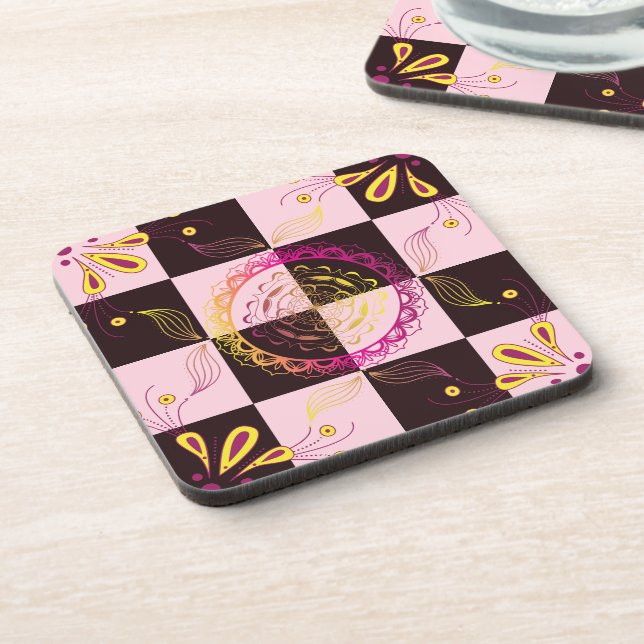 Mystic Checkerboard, Pink and Black Graphic Art  Beverage Coaster (Left Side)