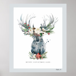 Mystic Christmas Deer Head Flowers Bouquet Poster