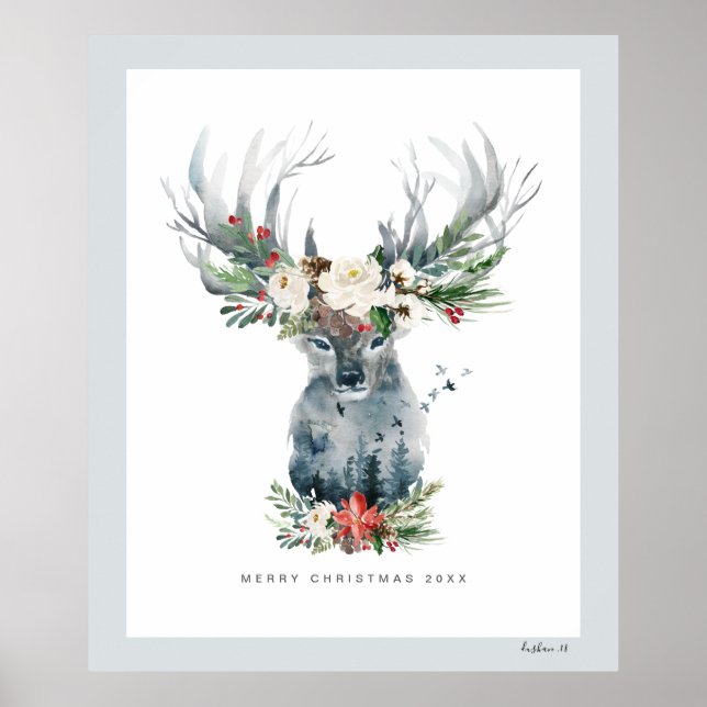 Mystic Christmas Deer Head Flowers Bouquet Poster (Front)