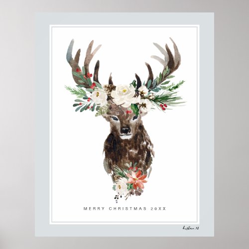 Mystic Christmas Deer Head Flowers Bouquet Poster