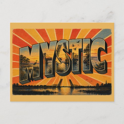 Mystic Connecticut Coastal River Drawbridge Art Postcard