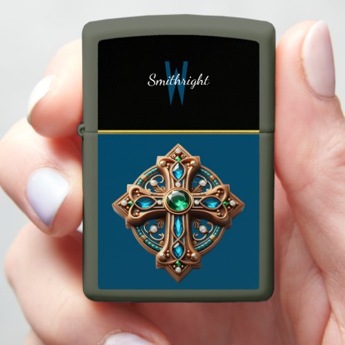 Mystic Cross Brooch With Blue and Green Gemstones Zippo Lighter