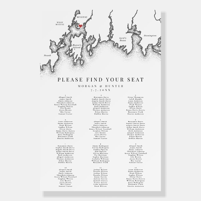 Mystic CT Map 12 Table Wedding Seating Chart Foam Board (Front)