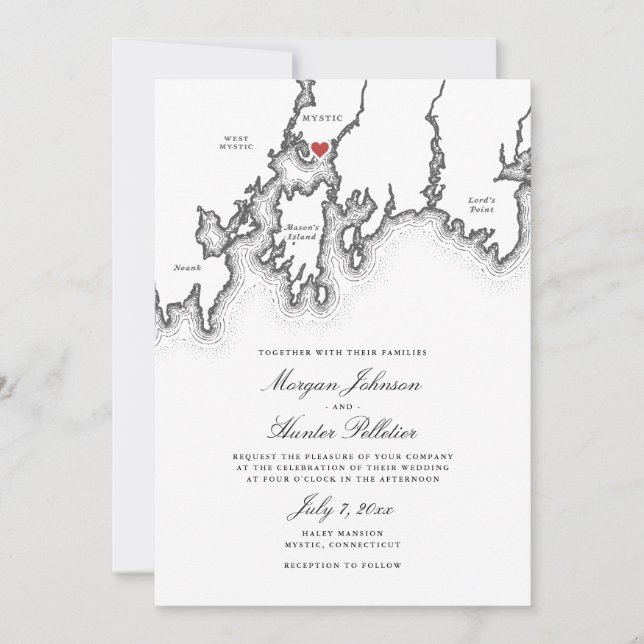 Mystic CT Map Elegant Black and White Wedding Invitation (Front)