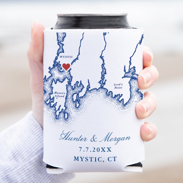 Mystic CT Map Elegant Navy Blue Wedding Favor Can Cooler (Mystic CT Map Wedding Coozie Can Cooler Favor in Navy Blue by Coastal Map Designs)