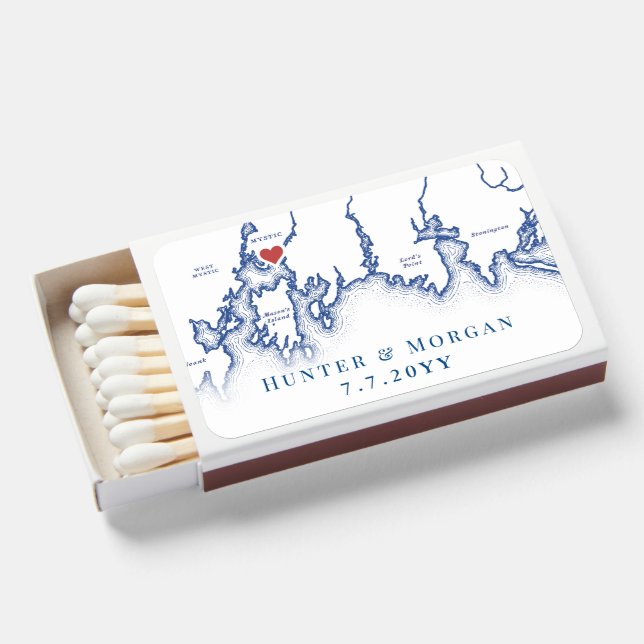 Mystic CT Map Elegant Navy Blue Wedding Favor Matchboxes (Front Open)