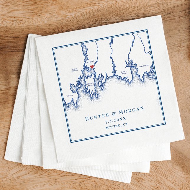 Mystic CT Map Elegant Navy Blue Wedding Napkins (Mystic CT Map Napkins for an elegant navy blue Connecticut wedding from Coastal Map Designs)