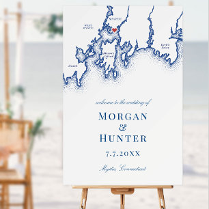 Mystic CT Map Navy Blue Wedding Welcome Sign