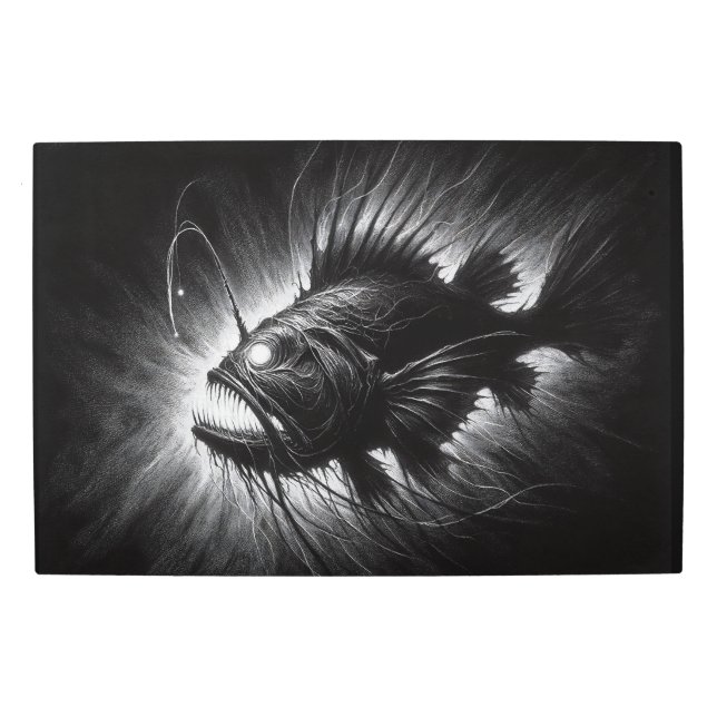 Mystic Deep-Sea Anglerfish in Monochrome Artistry Metal Print (Front)