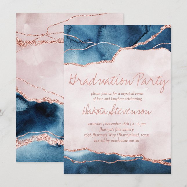 Mystic Elegance | Blue Pink Agate Graduation Party Invitation (Front/Back)
