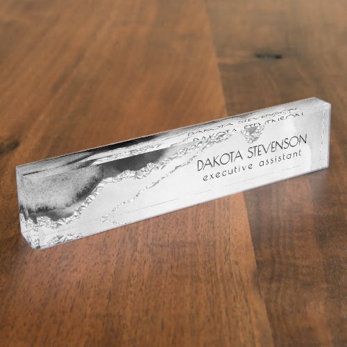 Mystic Elegance  Dark Gray Silver Agate Branding Desk Name Plate
