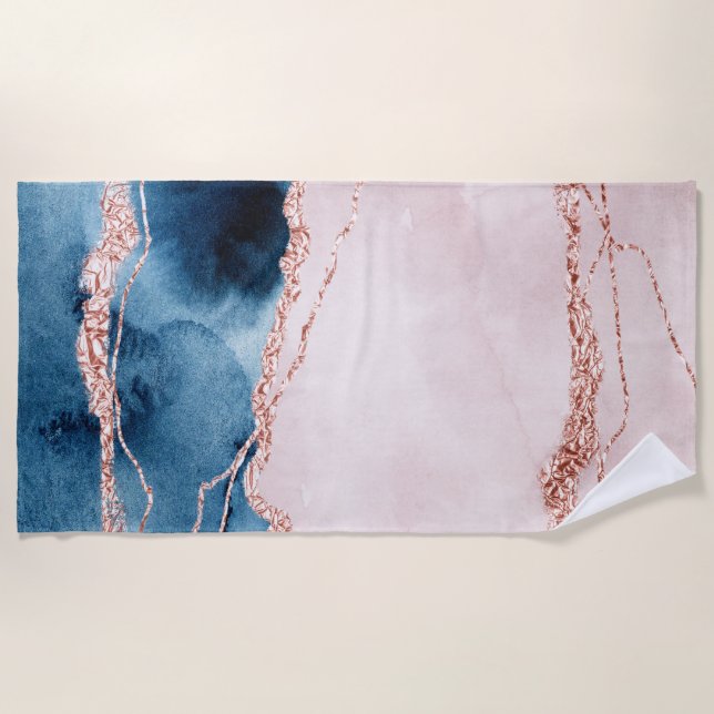 Mystic Elegance | Teal Blue and Rose Gold Agate Beach Towel (Front)