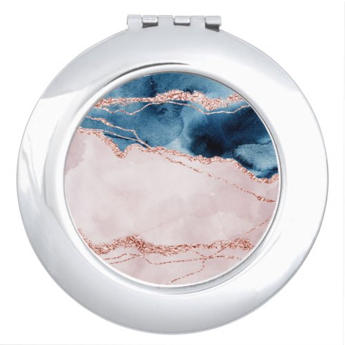 Mystic Elegance  Teal Blue and Rose Gold Agate Compact Mirror