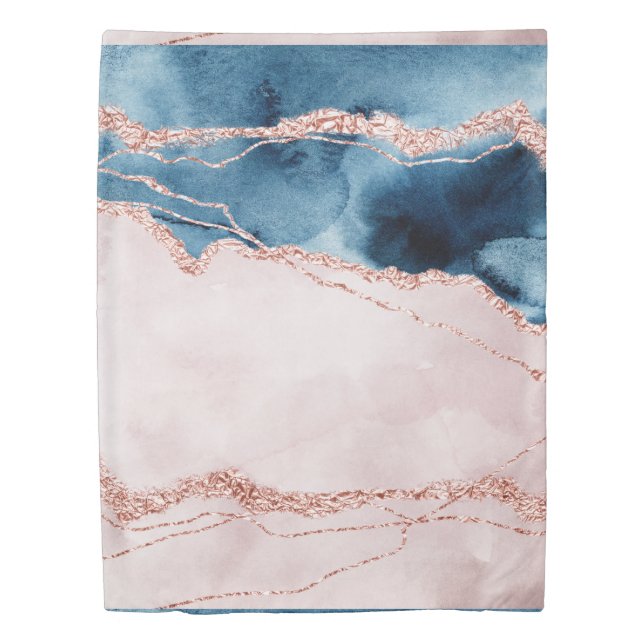 Mystic Elegance | Teal Blue and Rose Gold Agate Duvet Cover (Front)