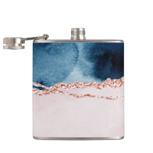 Mystic Elegance  Teal Blue and Rose Gold Agate Flask