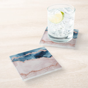 Mystic Elegance   Teal Blue and Rose Gold Agate Glass Coaster