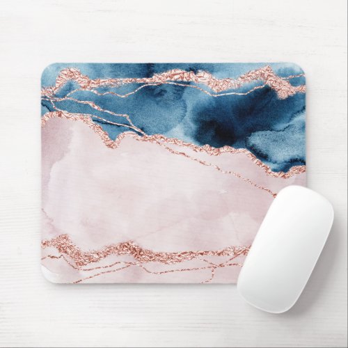 Mystic Elegance  Teal Blue and Rose Gold Agate Mouse Pad