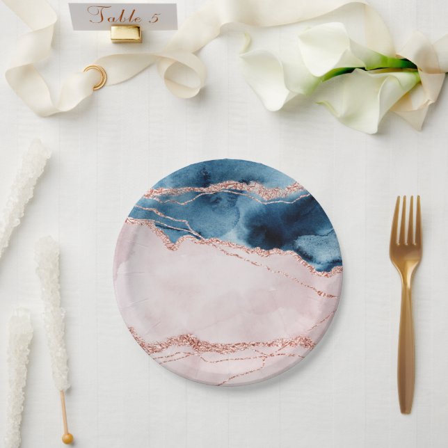 Mystic Elegance | Teal Blue and Rose Gold Agate Paper Plates (Wedding)