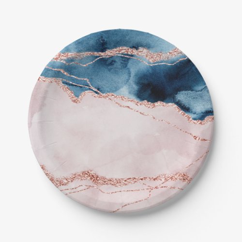 Mystic Elegance  Teal Blue and Rose Gold Agate Paper Plates