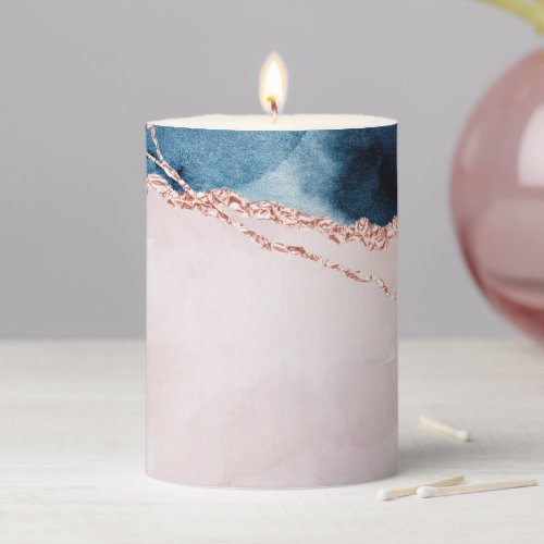 Mystic Elegance  Teal Blue and Rose Gold Agate Pillar Candle
