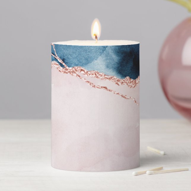 Mystic Elegance | Teal Blue and Rose Gold Agate Pillar Candle (In Situ)